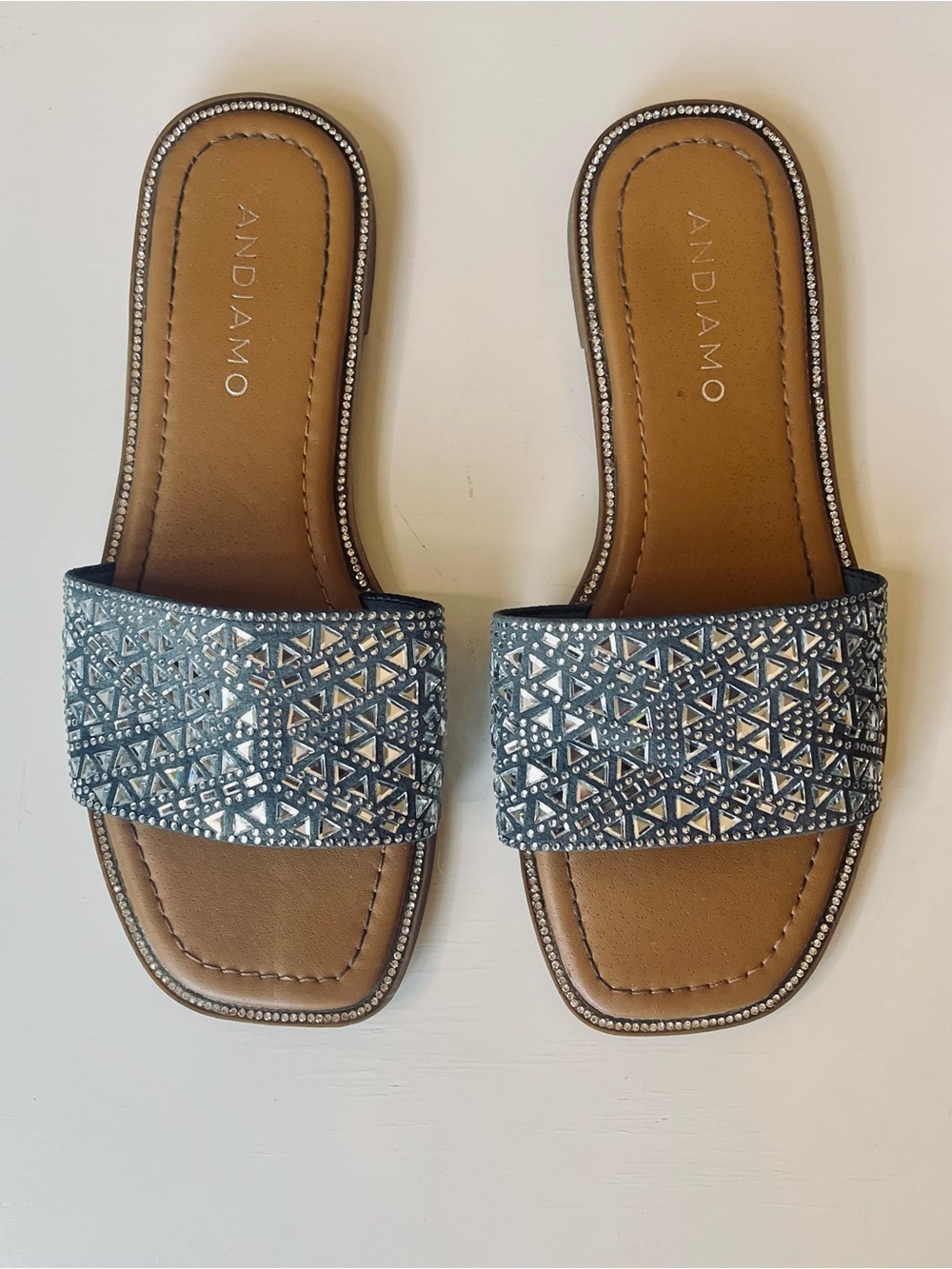 Andiamo Mirror Triangle Rhinestone Embellished Slide Sandals Women's 6.5W- GUC
